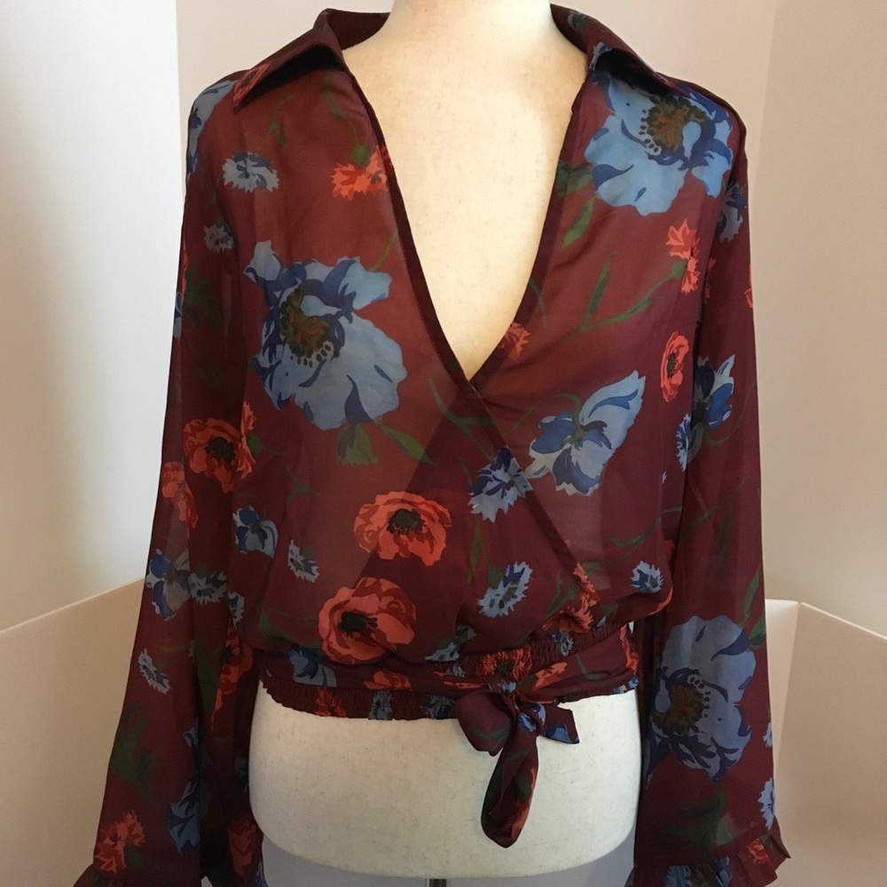 Venus Women's Burgundy Floral Wrap Blouse